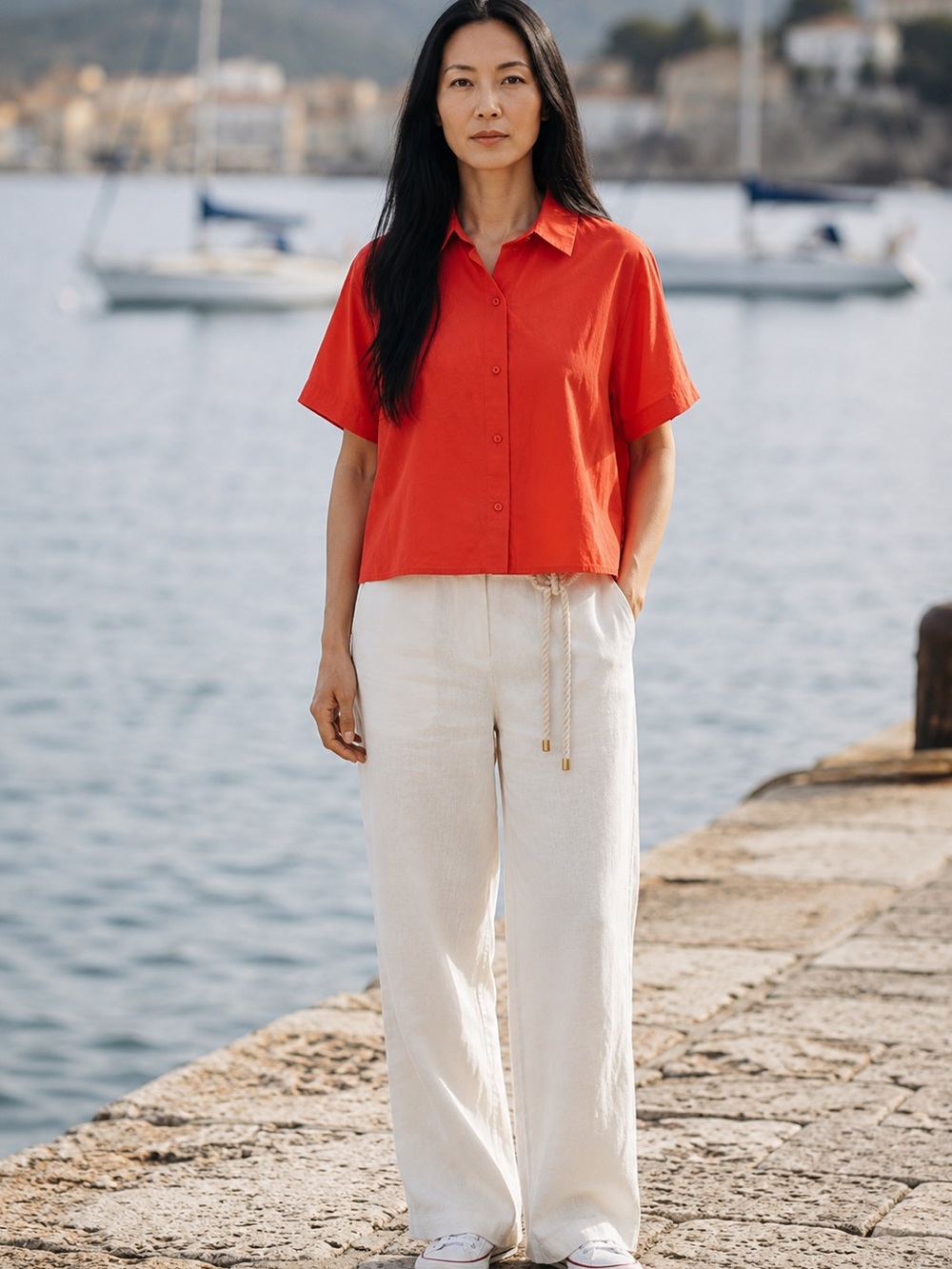 EILEEN FISHER ORANGE ORGANIC COTTON BOXY BUTTON FRONT MINIMALIST TOP SZ L
